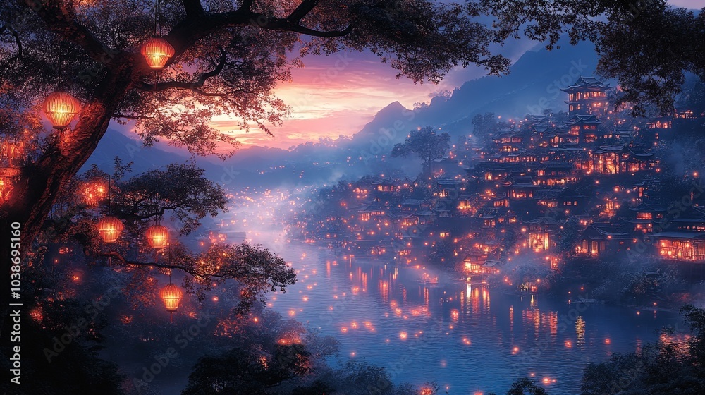 A serene twilight scene captures a tranquil riverside village adorned with glowing lanterns. The landscape is layered with mountains in the background, which fade into a gradient of deep blue and purp A serene twilight scene captures a tranquil riverside village adorned with glowing lanterns. The landscape is layered with mountains in the background, which fade into a gradient of deep blue and purp