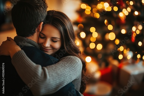 Couple embracing warmly by a Christmas tree with lights.
