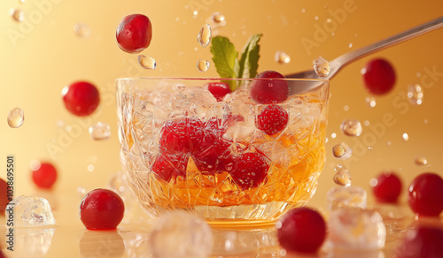 AI generator image of spoonful of Transparent las jelly is poured into the glass bowl, which contains clear and transparent red date porridge in a light yellow background. The tableware has an elegant