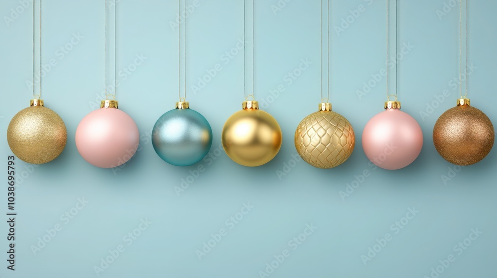 Colorful Christmas Baubles Hanging on a Blue Background Colorful Christmas Baubles Hanging on a Blue Background