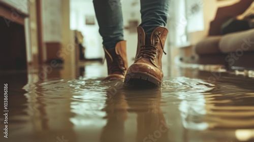 Flooded room with person wearing boots water covering floor