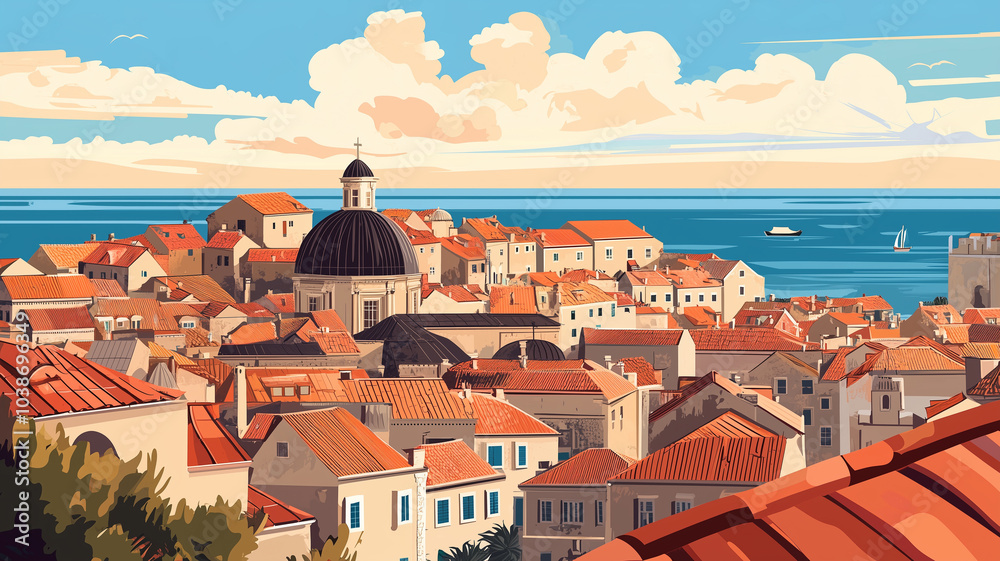 Obraz premium simple flat 2D illustration, vector illustration, simple colors, view on Dubrovnik, city in Croatia. Famous touristic must-see spot in Croatia, europe.