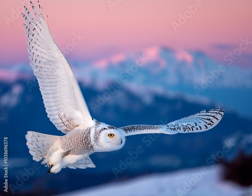 Búho de las nieves blanco con ojos amarillos volando sobre la nieve por la mañana