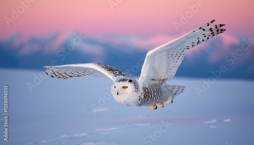 Búho de las nieves blanco con ojos amarillos volando sobre la nieve por la mañana