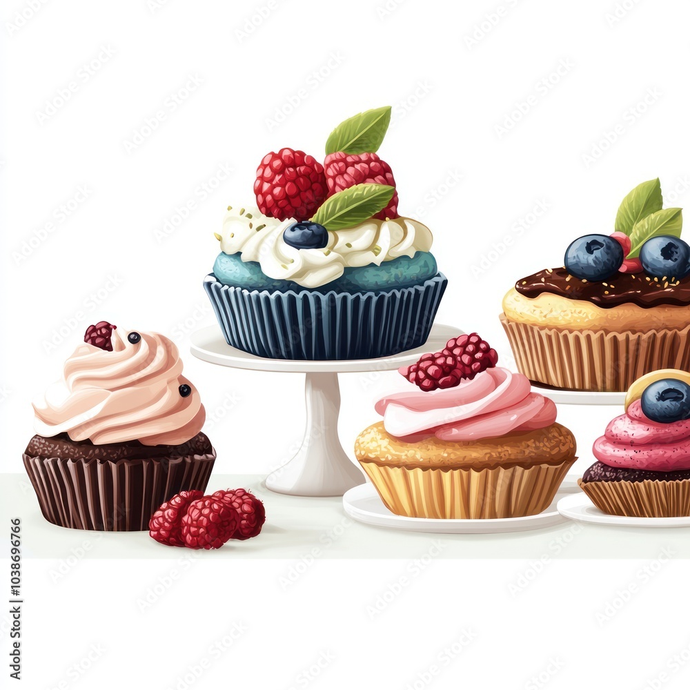 A colorful display of cupcakes topped with berries and cream, perfect for desserts. A colorful display of cupcakes topped with berries and cream, perfect for desserts.