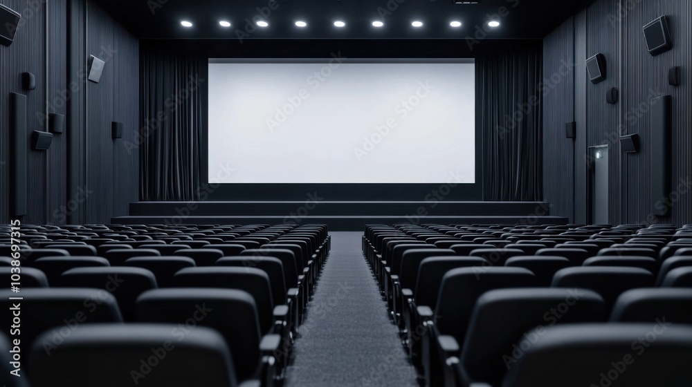 Obraz premium Auditorium with black chairs and large screen modern setting