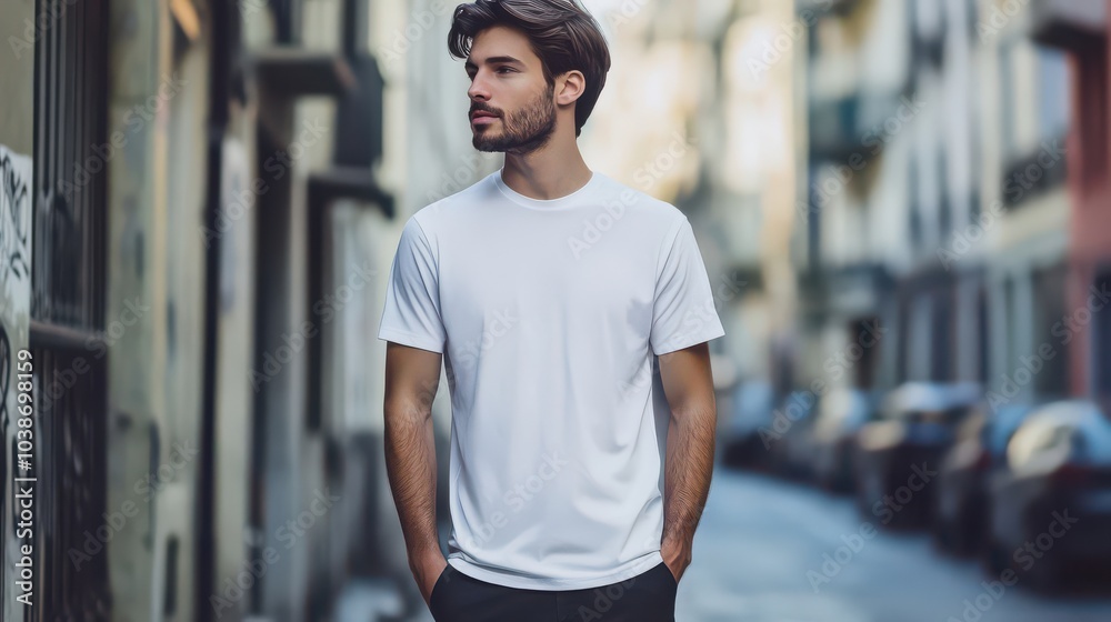 Young Man in Casual White T-Shirt on City Street Young Man in Casual White T-Shirt on City Street