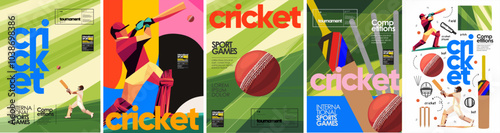 Cricket. Sport game. Vector illustration of player man batting, sportsman, field, ball, bat, icon for poster, invitation, background, flyer or cover