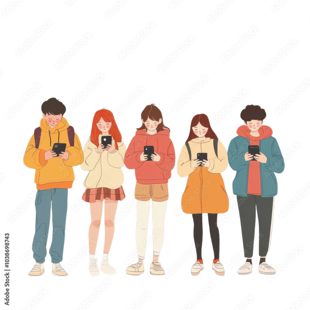 A group of teenagers using their smartphones, social media engagement, vector art, minimalist design, isolated on white background A group of teenagers using their smartphones, social media engagement, vector art, minimalist design, isolated on white background