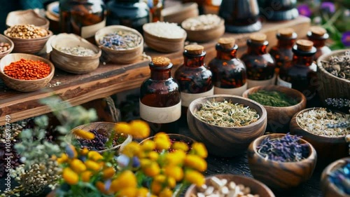 Vibrant Market of Colorful Herbs and Spices in Wooden Bowls and Glass Jars Celebration of Natural Ingredients and Aromatic Beauty, Evoking Warmth and Connection to Nature.