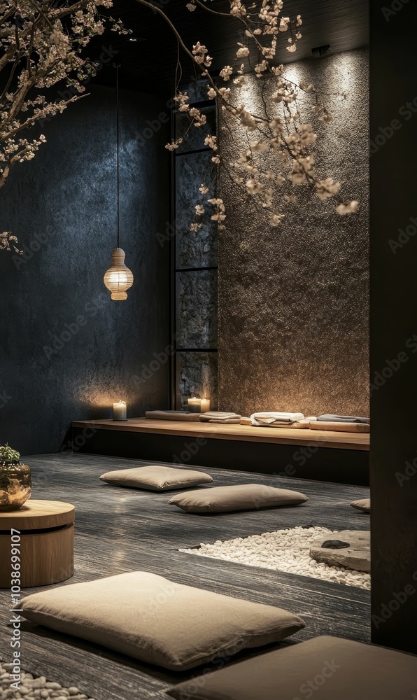 Modern minimalist zen room with cushions and stones.
