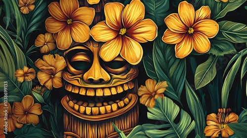 Tiki-style vector image featuring bright flowers and leaves photo