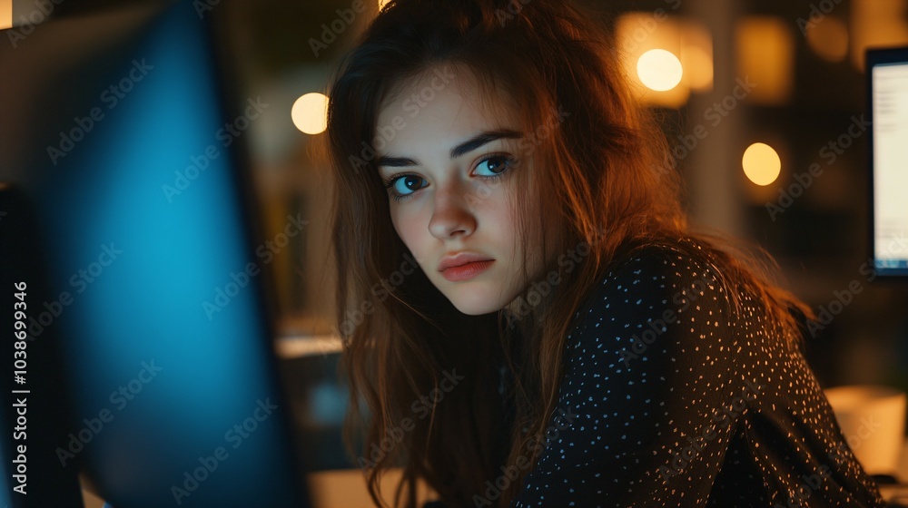 Young Woman Using Computer in Modern Office Young Woman Using Computer in Modern Office