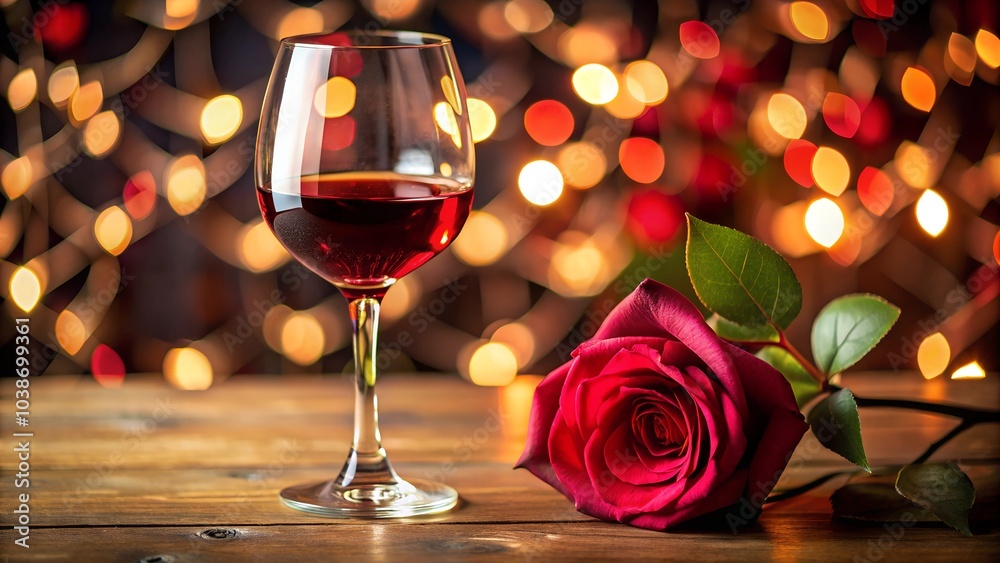 Romantic Setting with Red Wine and Rose on Wooden Table Romantic Setting with Red Wine and Rose on Wooden Table