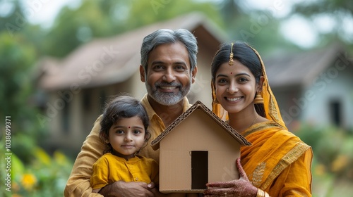 Real state Concept in India daughter holding House roof made of cardboard