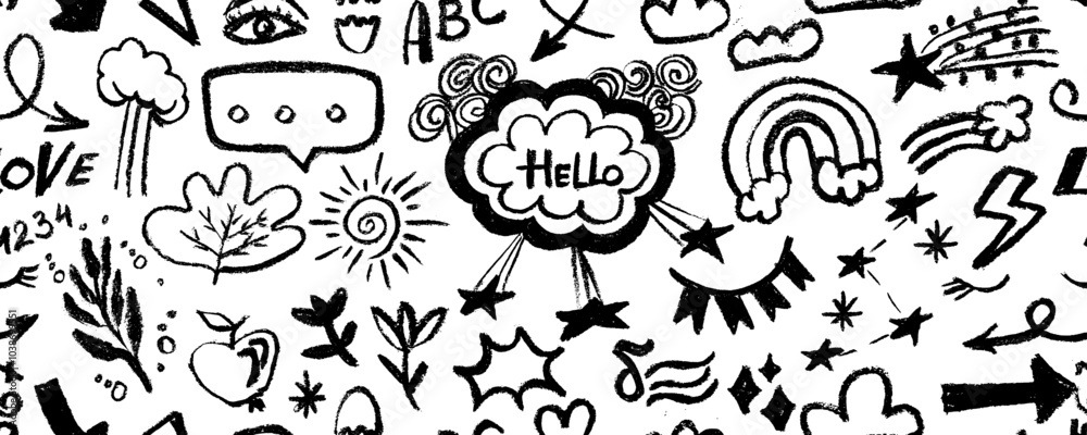 Seamless pattern of hand drawn black charcoal doodle shapes and squiggles in childish girly style. Pencil drawings isolated on white. Eye, stars, arrows, rainbow and cloud doodle collage elements. Seamless pattern of hand drawn black charcoal doodle shapes and squiggles in childish girly style. Pencil drawings isolated on white. Eye, stars, arrows, rainbow and cloud doodle collage elements.