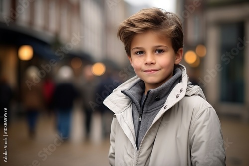 Portrait of a cute little boy in a winter coat in the city