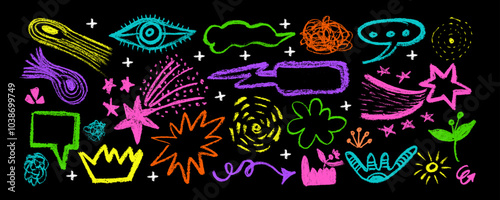 Collection of hand drawn colorful charcoal doodle shapes and squiggles in childish girly style. Pencil drawings, bright color chalk icons. Crown,  meteorite, stars, flower, eye and rainbow doodle 