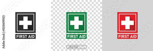 First aid icon Set. Green and Red FIRST AID sign with text and cross symbol. Simple set of first aid icons in linear style on a white and transparent background. vector illustration