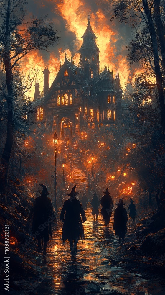 Mysterious figures approaching a haunted mansion at dusk