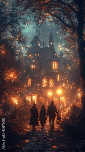 Enchanted evening stroll near a magical illuminated mansion