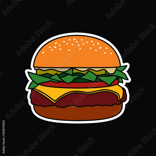 Burger with cutlet, tomatoes and herbs. Original vector illustration in vintage style. T-shirt design.