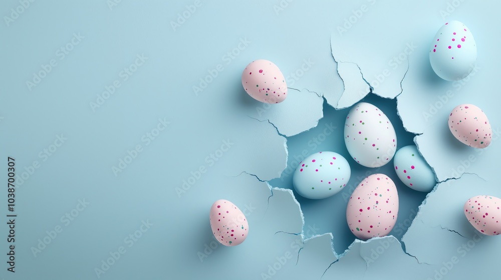 Easter eggs in cracked blue paper background Easter eggs in cracked blue paper background