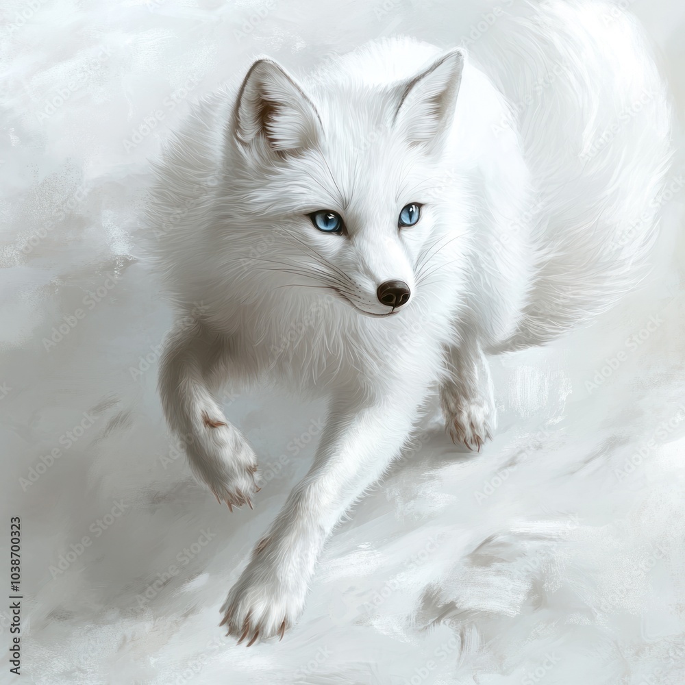 A graceful white fox with striking blue eyes, captured in motion against a soft, snowy background. A graceful white fox with striking blue eyes, captured in motion against a soft, snowy background.