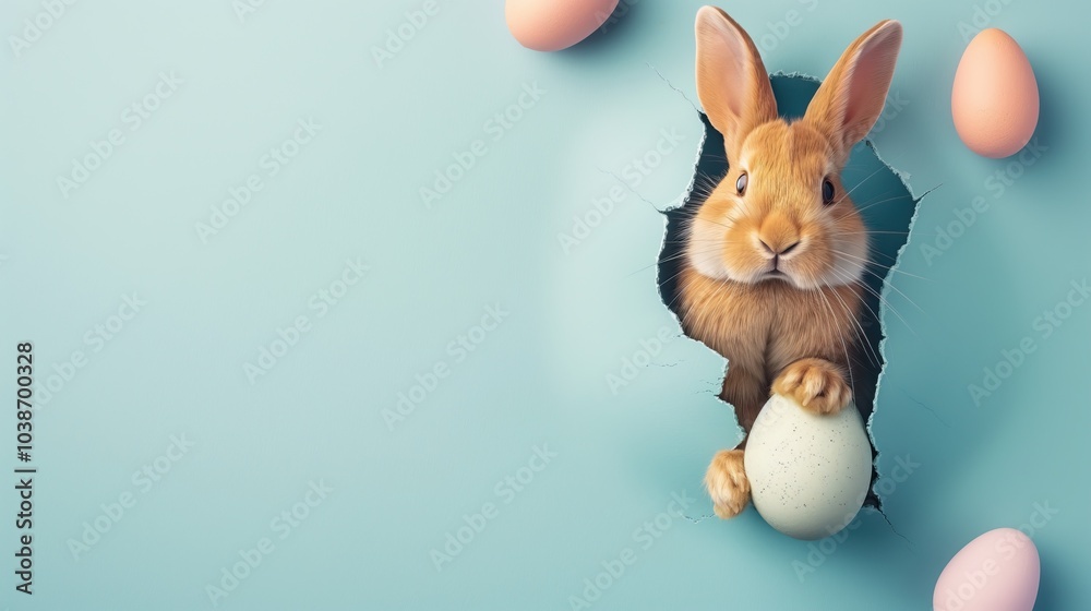 Fototapeta premium Cute Easter bunny peeking out of hole in blue paper background