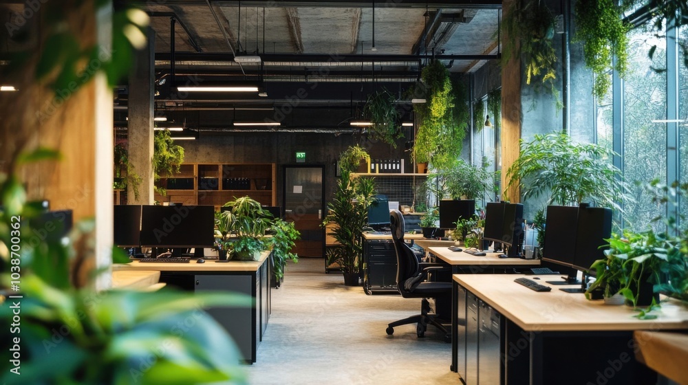 Naklejka premium Office with workstations and plants modern design