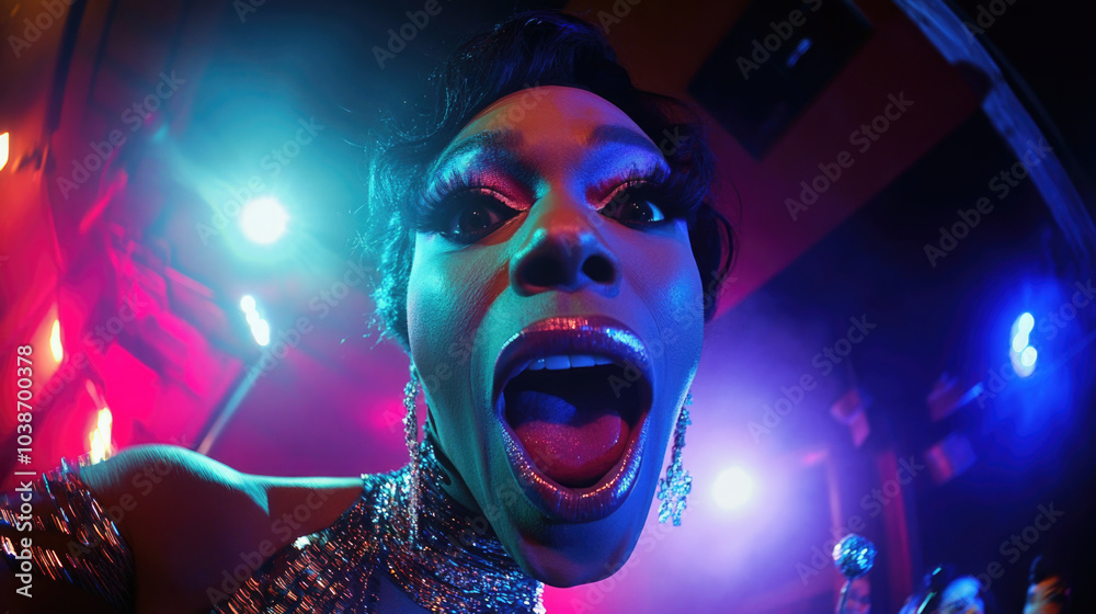 A dazzling performer in sequined costume is captured in a vibrant nightclub setting, with colorful lights casting dramatic shadows on their expressive face in close-up. A dazzling performer in sequined costume is captured in a vibrant nightclub setting, with colorful lights casting dramatic shadows on their expressive face in close-up.