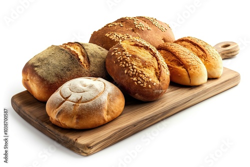 Freshly baked baguettes on a cutting board isolated on white background