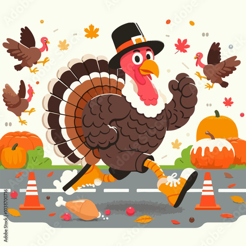 A cartoon turkey is running down a road with a pumpkin