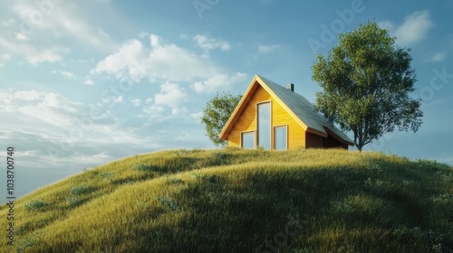 Nordic house on grassy hill with blue sky background 3D render