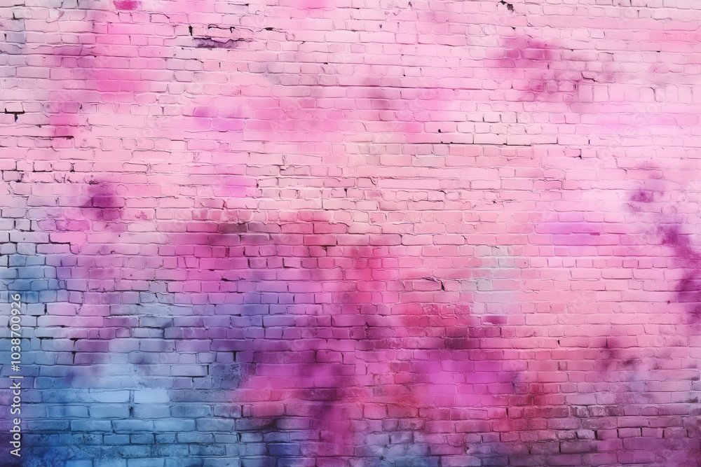 Purple and blue paint splashes on a pink brick wall background. Purple and blue paint splashes on a pink brick wall background.