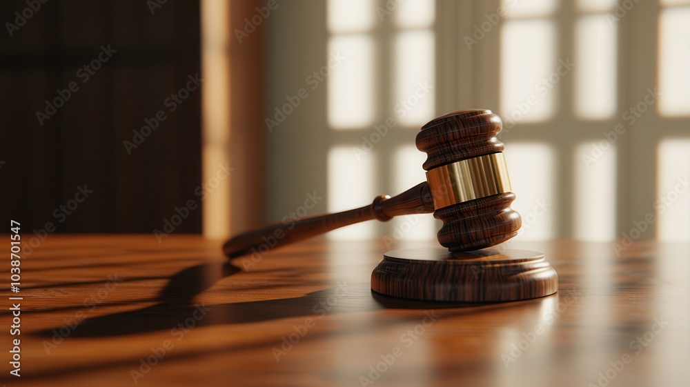 polished wooden gavel rests on mahogany desk, symbolizing justice