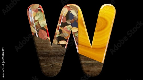 alphabetic capital letter W with falling leaves, transparent background, loop, endless