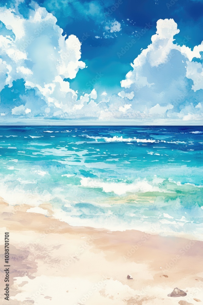 Fototapeta premium Tranquil Coastal Escape: Tropical Watercolor Seascape with Azure Sky and Sandy Beach