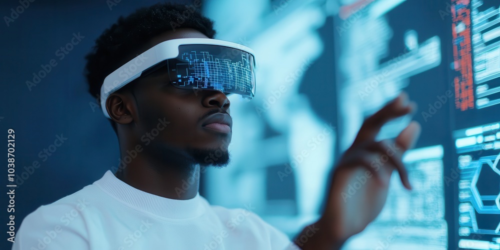Innovative African student using virtual reality technology for brainstorming Innovative African student using virtual reality technology for brainstorming