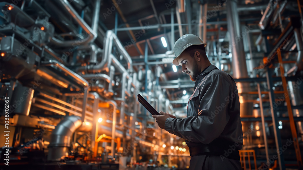 Engineer using tablet in industrial plant with complex machinery background with copy space. Professional in safety helmet monitoring production process. Concept of smart manufacturing, Industry 4.0 Engineer using tablet in industrial plant with complex machinery background with copy space. Professional in safety helmet monitoring production process. Concept of smart manufacturing, Industry 4.0