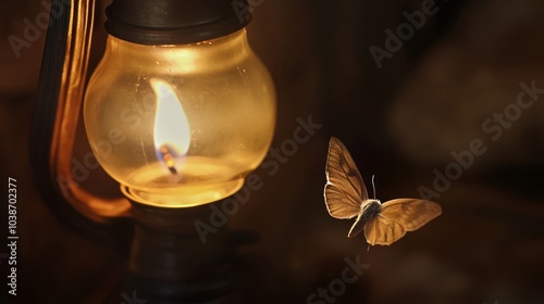 A moth flies near an oil lamp, drawn to the warm glow in the darkness.