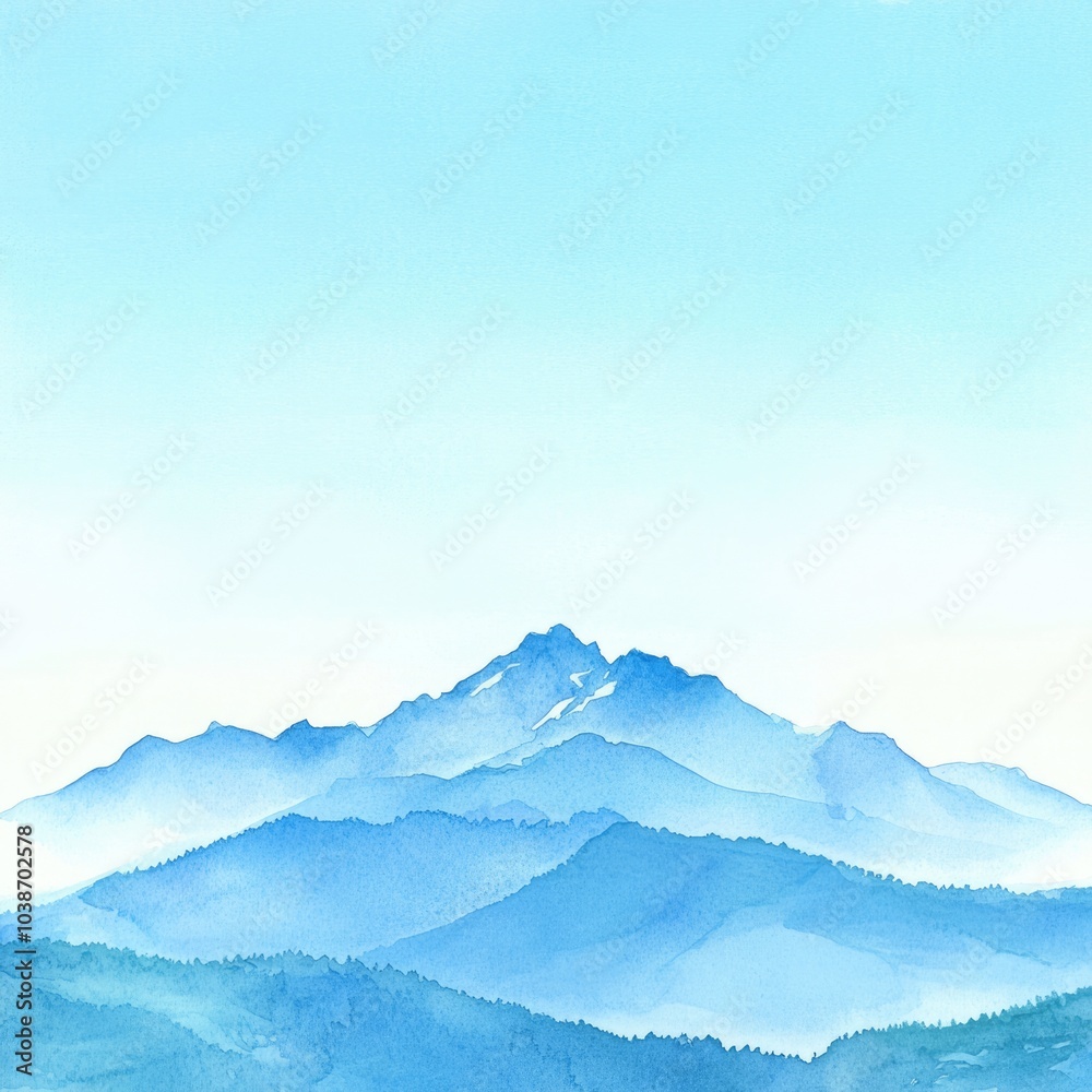 Fototapeta premium Watercolor Mountain Landscape with Blue Sky and Copy Space, Hand-drawn Nature Illustration