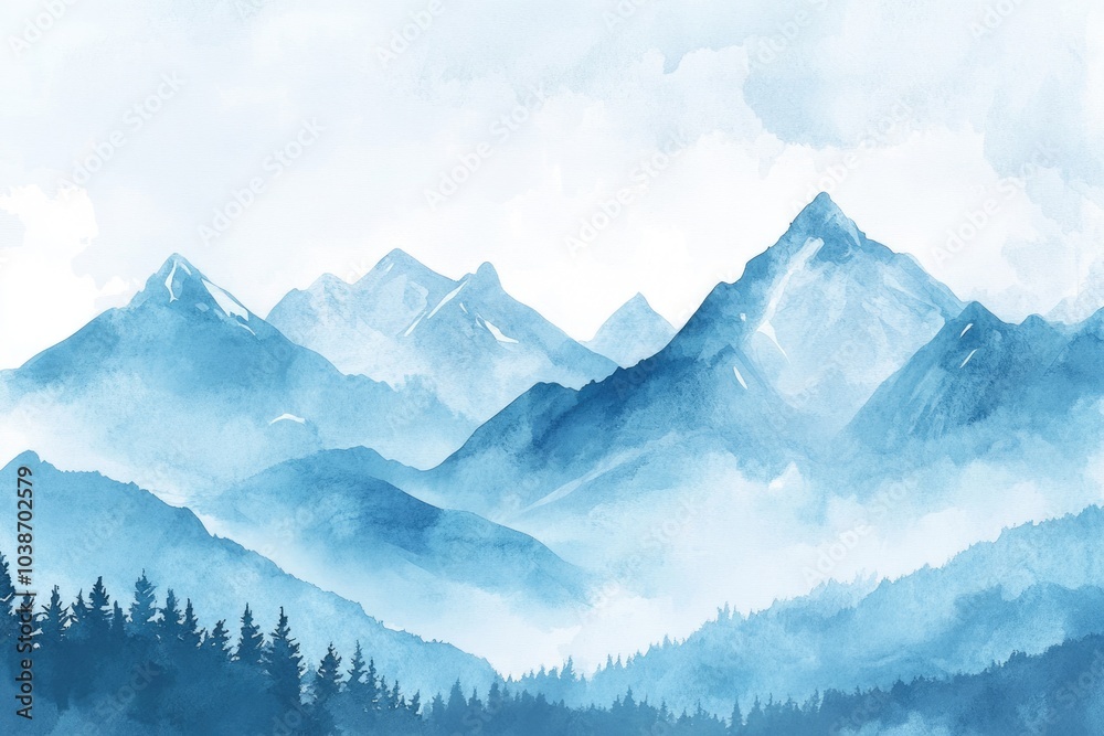 Fototapeta premium Watercolor Mountain Landscape with Blue Sky and Copy Space for Text
