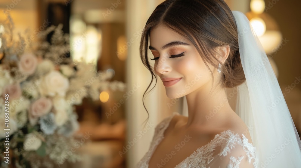 Naklejka premium Elegant Bride with Soft Makeup and Floral Background