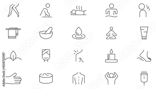 Massage line icon set. Relaxation, spa, sleep, yoga, health, lifestyle, spiritual practice, skin care, massage, hyaluronic acid, serum, pore tightening, and cosmetology icon set. UI thin line icon