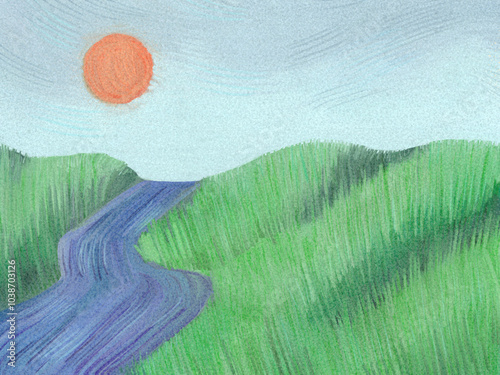 Landscape with grainy texture. Hills, the sun, a river. Textured digital art