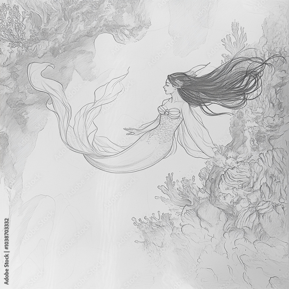 Fototapeta premium a mermaid swimming through an underwater scene, her long hair flowing behind her and her tail flicking through the water. 