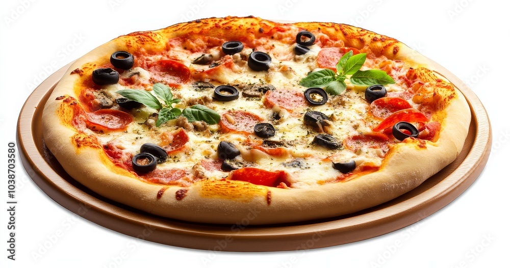 Clear white background highlighting a pizza tray in PNG format with appetizing toppings. Clear white background highlighting a pizza tray in PNG format with appetizing toppings.