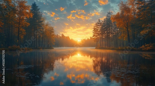 A serene landscape at sunset, featuring a tranquil lake surrounded by tall trees that are turning shades of orange and yellow, indicative of autumn. The sky is adorned with fluffy clouds that reflect 