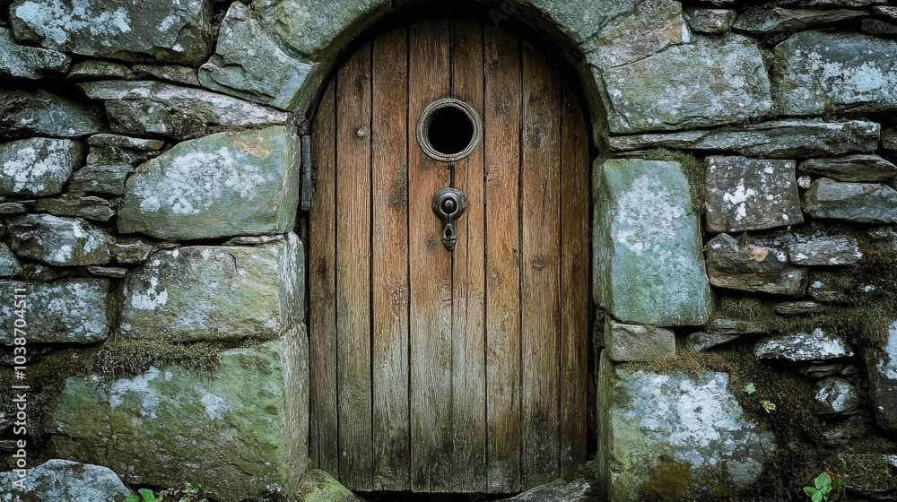 Rustic Wooden Door with Stone Wall Background Rustic Wooden Door with Stone Wall Background